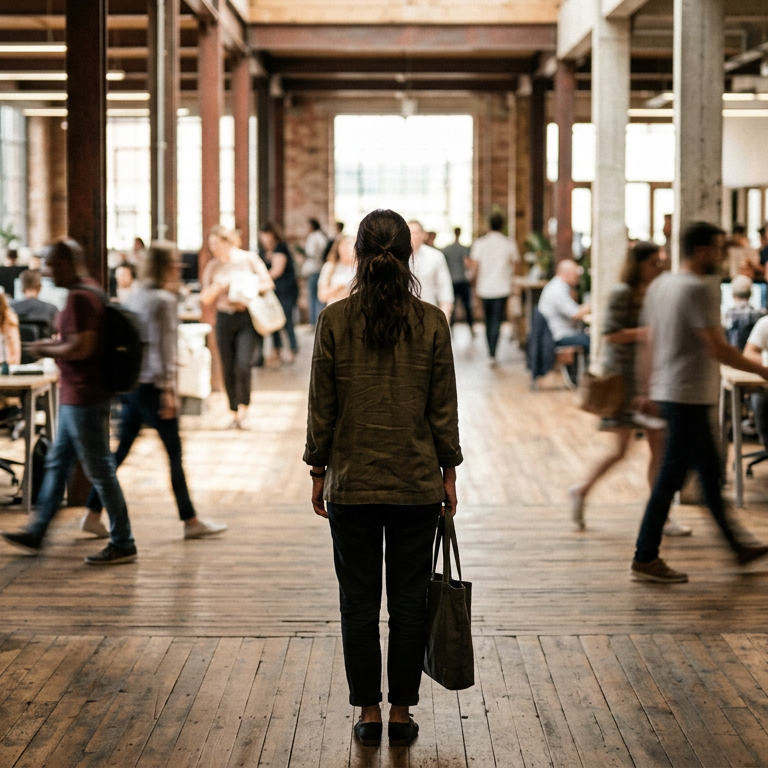 Woman standing still with her back turned in a busy office environment