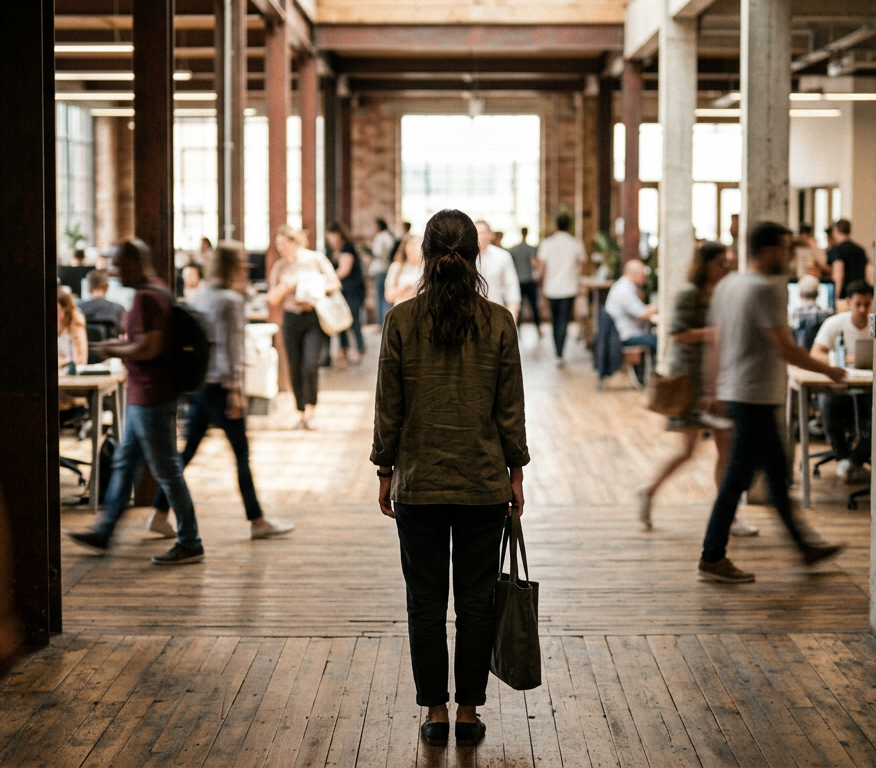 Woman standing still with her back turned in a busy office environment
