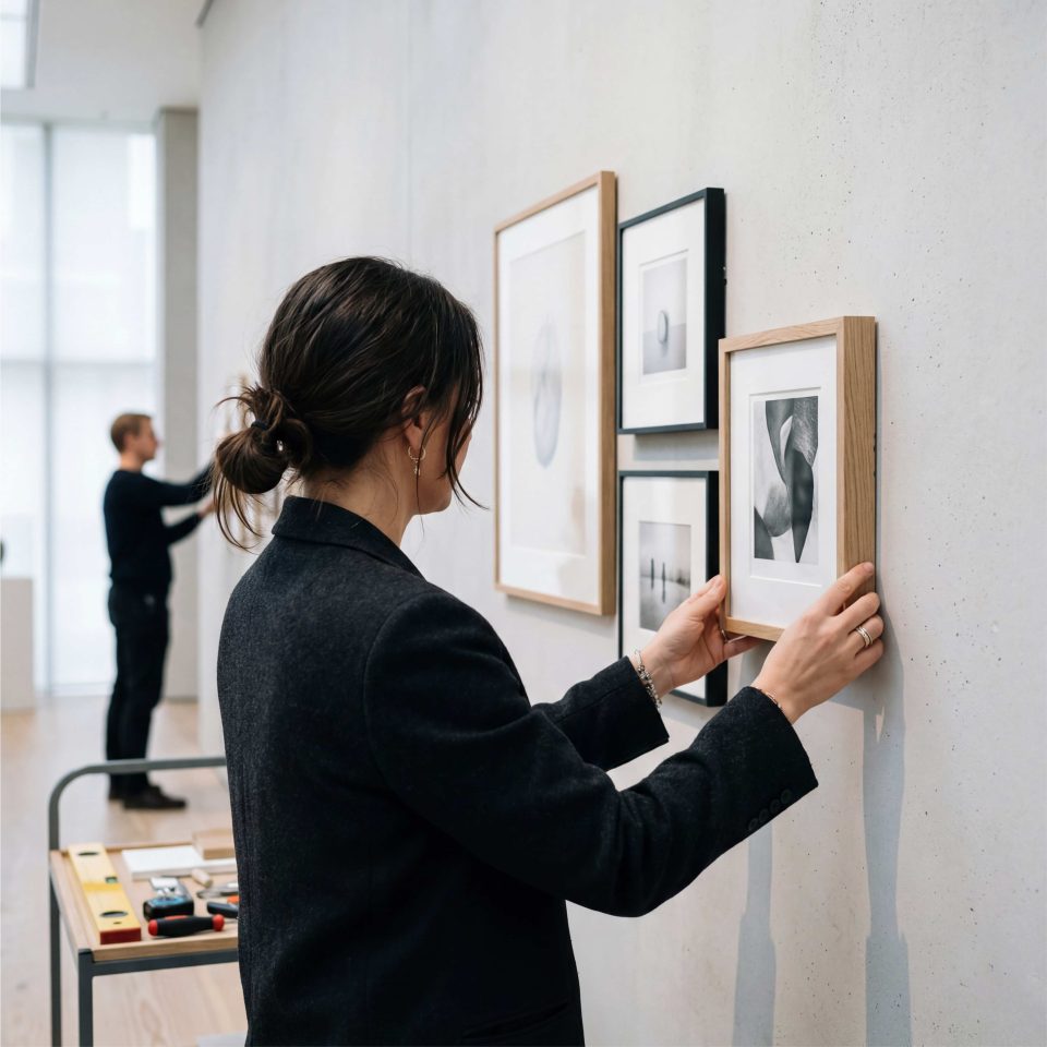 Woman hanging framed photos in a gallery environment